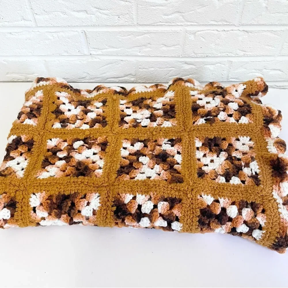 VINTAGE Handmade Crochet Knit Granny Throw Blanket Fall Neutrals Warm Tones